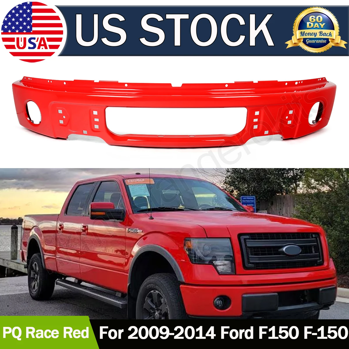 Race Red Steel Front Bumper Face Bar W/Fog Light Hole For 2009-2014 Ford F150 Front Bumper Surround Body Kit Crash-Proof Bumper