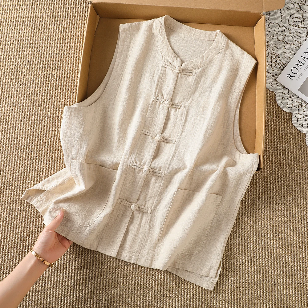 New Chinese Style Retro Button Vest Women's New Model Stand Collar National Style Open Cardigan Loose Outerwear Top