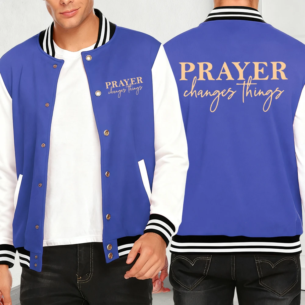 

Prayer Change Things Print Autumn Baseball Jersey Men Fashion Loose Jacket Y2K Hip Hop Menswear Casual Fleece Unisex Clothes
