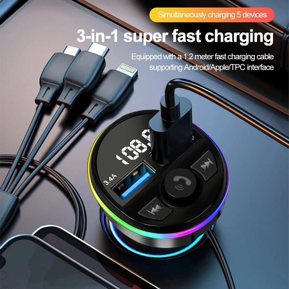 3 IN 1 Car Charger Dual USB Adapter FM Transmitter Fast Charging Cigarette Lighter with Cable For IPhone Samsung Xiaomi Huawei