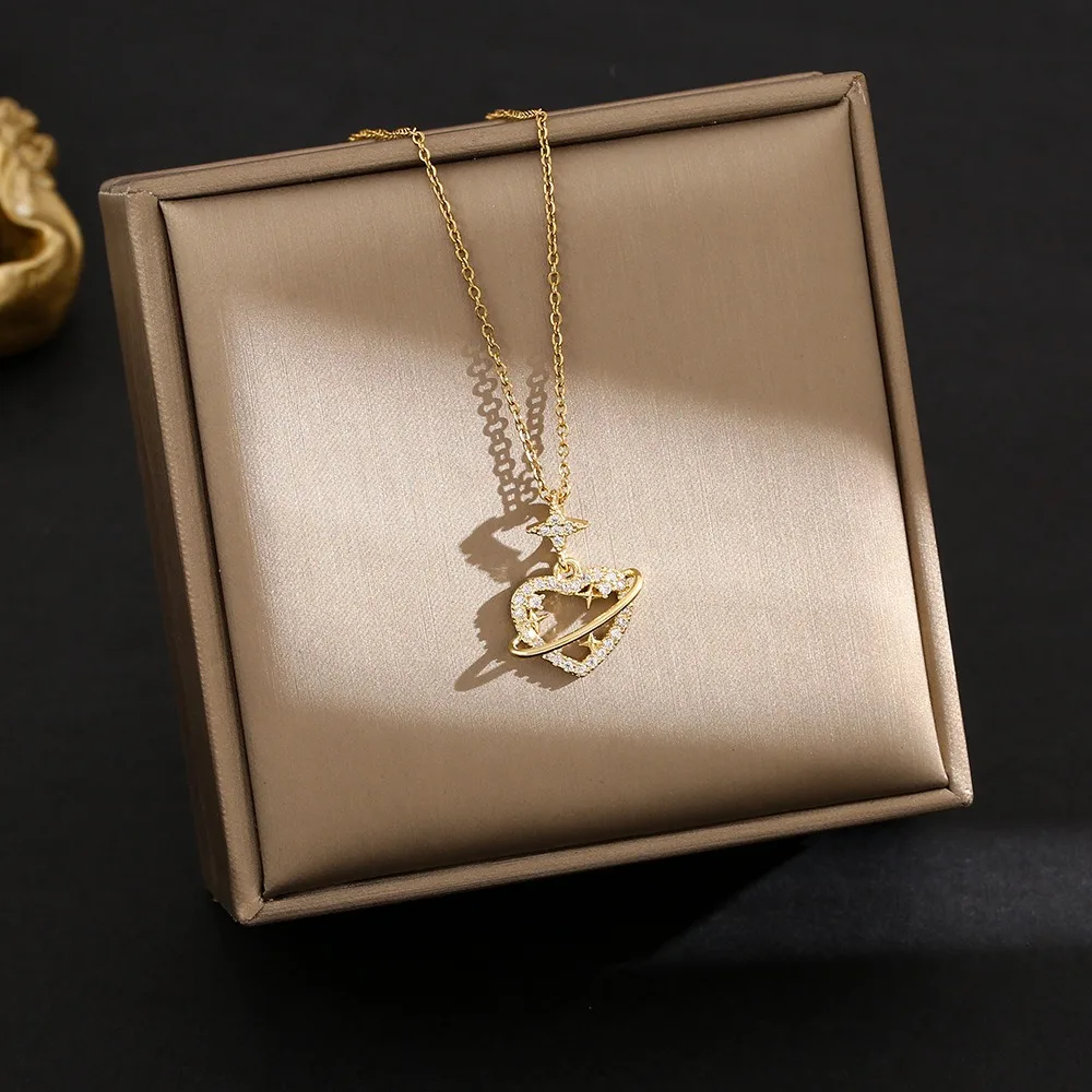 Cute Full Zircon Hollow Heart Planet Pendant Necklace for Women Luxury Gold color Stainless Steel Chokers Jewelry Gift Colorfast