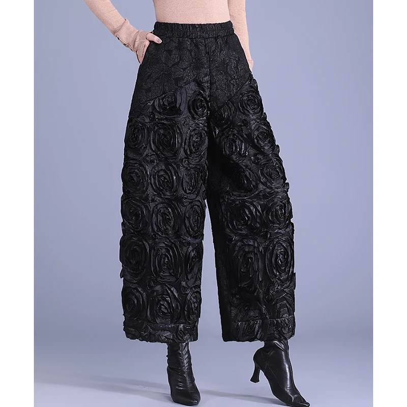 

Jacquard Woven Wide Leg Pants Women's Autumn Winter Style Slimming Velvet Ankle Flower Bud Pants Casual Boots Pants 2024 New