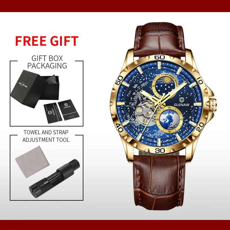 2023 GLENAW Men\'s Leisure Timing Mechanical Wristwatch Moonlight Phase Waterproof Watch Tuo Flywheel Glow Stainless Steel Clock