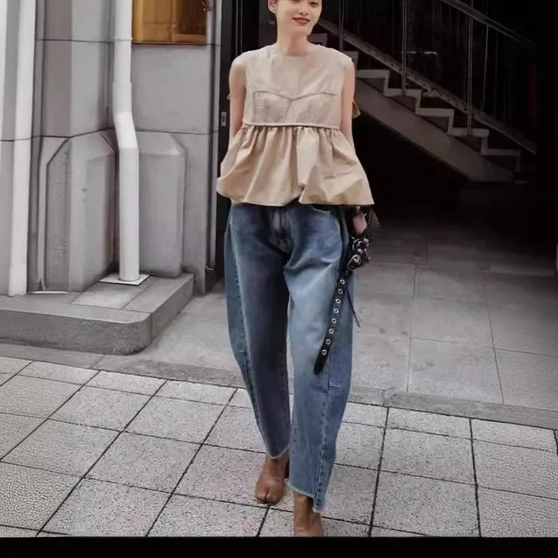 Loose Hem Blusas Round Neck Back Bandage Bow Shirts & Blouses Japanese Camisas Sleeveless Ropa Mujer Summer 2024 New Tops