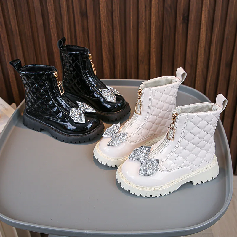 Kid Boots New 2024 Fashion Plaid Girls Shiny Bowknot Ankle Boots Children Front Zipper Snow Boot Waterproof Non-slip Booties