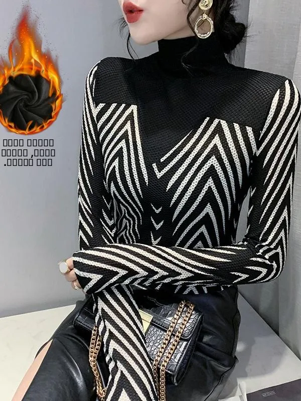 

Slimming Striped High Collar Women's T-irt Autumn Winter Thiened Fce Long Sve Base irt Street Sle Slim Fit