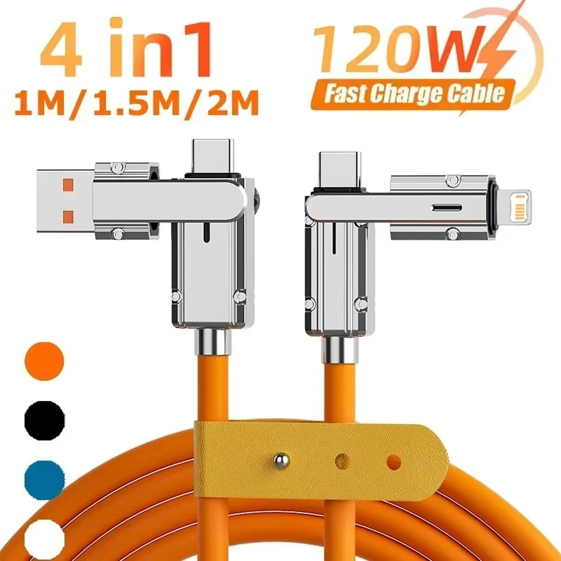 4 in 1 120W PD Fast Charging USB C Cable for iPhone 13 14 15 16 Samsung Moto Huawei Honor OPPO VIVO OnePlus Type C Charger Cable