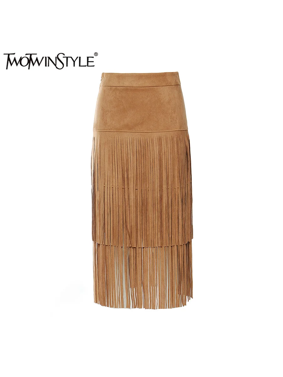 TWOTWINSTYLE Spliced Tassel Designer Skirts for Women High Waist Chic Slimming Skirt Female Fashion Style Clothes