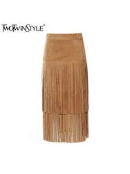 TWOTWINSTYLE Spliced Tassel Designer Skirts for Women High Waist Chic Slimming Skirt Female Fashion Style Clothes