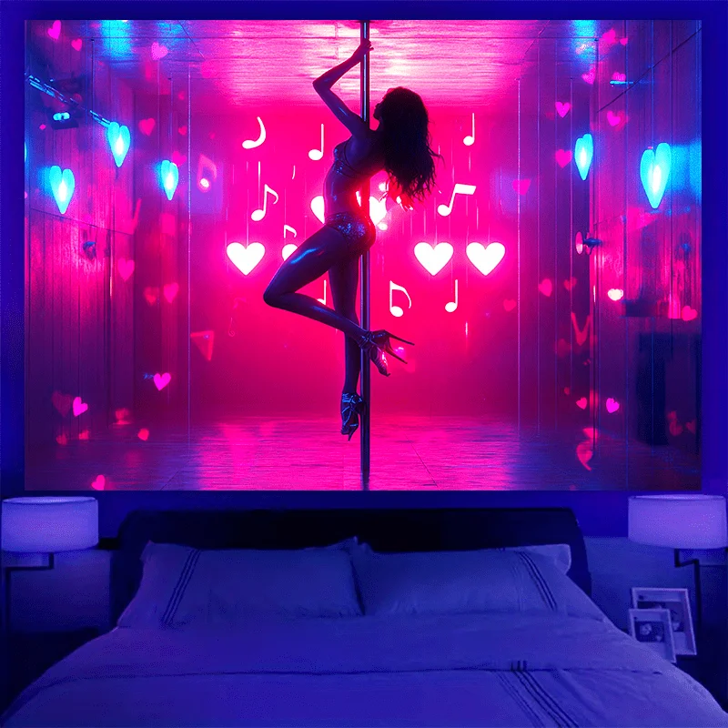 Pole Dance-Wandteppich im VIKAMA-Nachtclub-Stil in puderblau mit herzförmigen Notizen, personalisierter Bar-Hintergrund für Themenräume