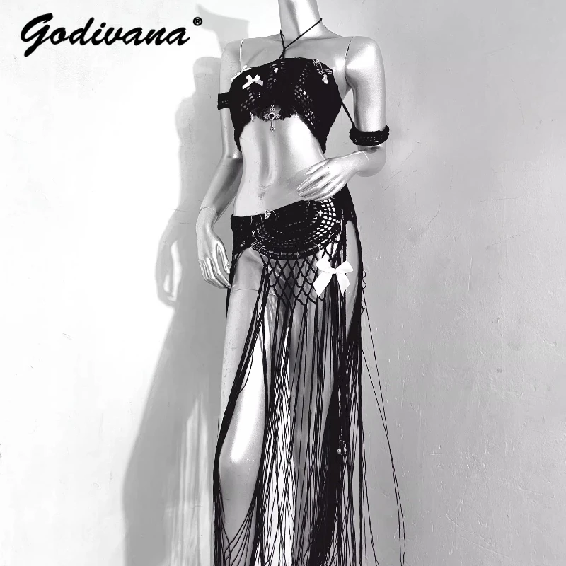 

Оригинальный новый вязаный крючком женский вязаный топ ручной работы, сексуальная длинная юбка с бахромой и полой кисточкой, женские готические наряды