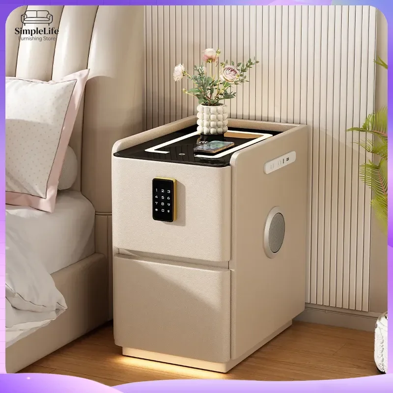 Modern Smart Bedside Table with USB Charging Port Socket Outlet Password Lock Wireless Charger LED Light Storage Drawer