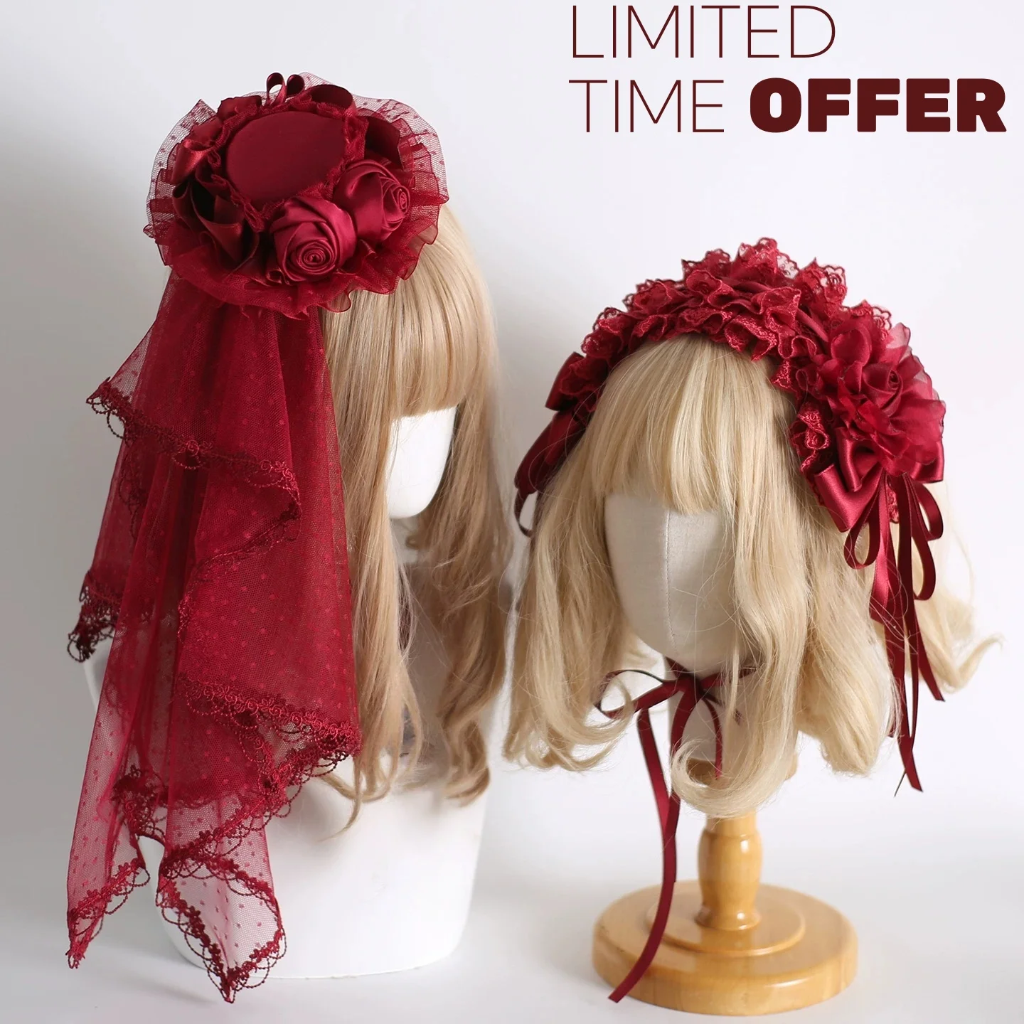 

Original Lolita Lampshade Red Sweet Heandband Handmade Dark Gorgeous Veil Headdress KC Flower Lace Bow Hair Accessories