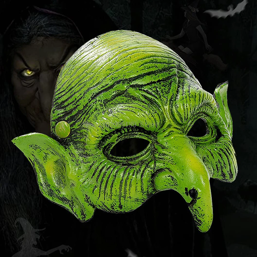 

Old Witch Mask Halloween Masquerade Foam Goblin Mask Scary Green Half Face Eagle Nose Sorceress Mask for Cosplay Costume