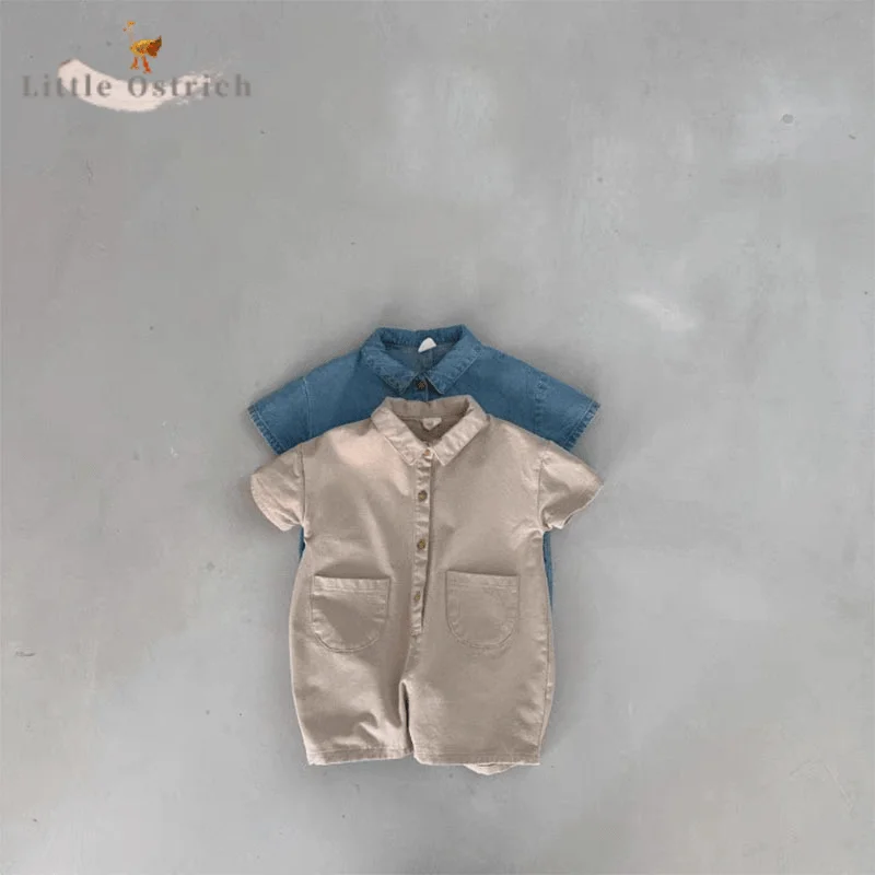 

Newborn Baby Girl Boy Cotton Denim Romper Toddler Child Short Sleeve Turn-down Jumpsuit Solid Color Pullover Baby Clothes 3-18M