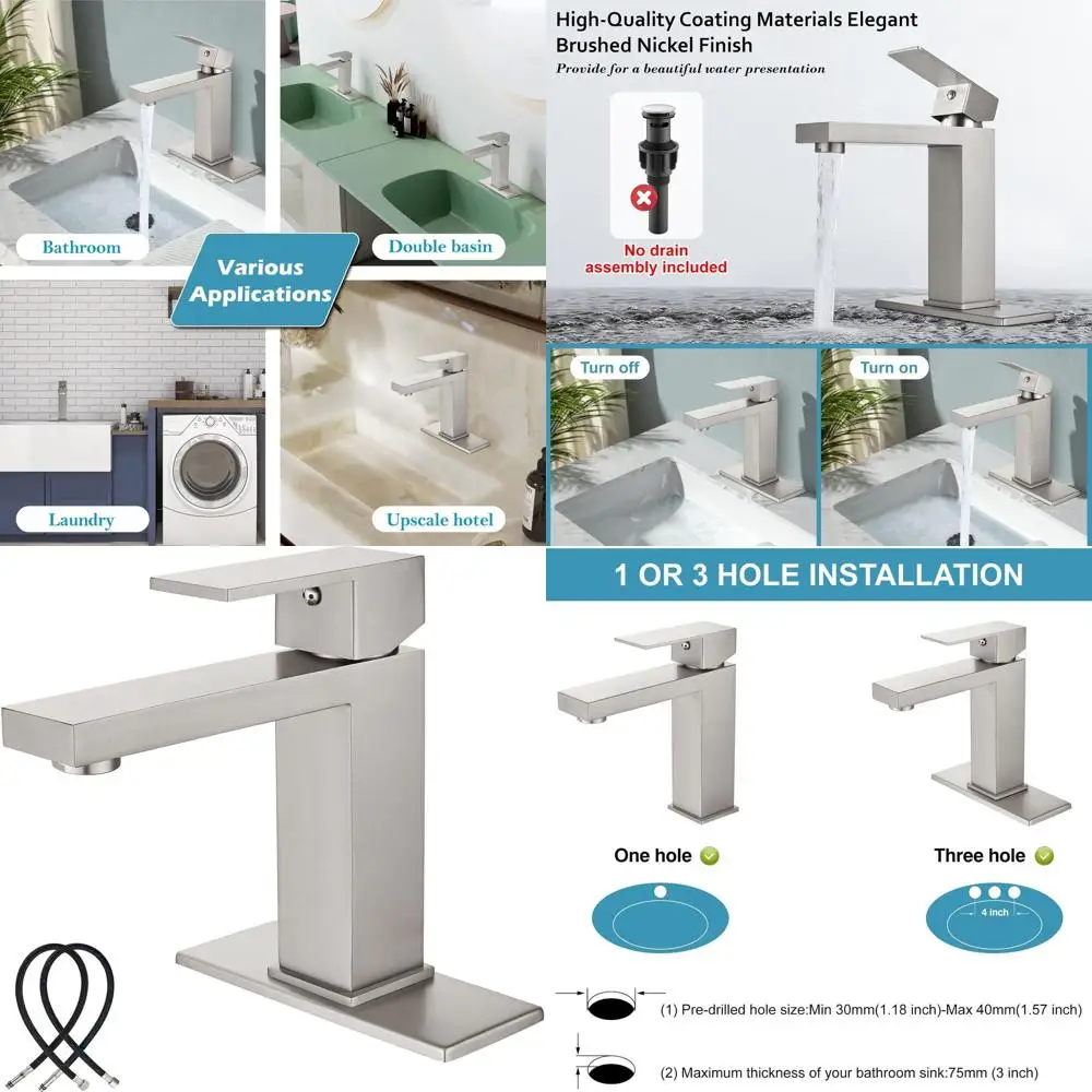 

Single Handle Faucet for 1 or 3 Hole Bathroom Sinks with 6 Deck Plate, Brushed Nickel Finish