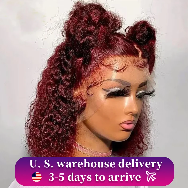 99J Red Colored Deep Curly Wig Human Hair 13x4 Burgundy Lace Front Human Hair Wigs For Women Short Bob Wigs 180% T Lace Wig