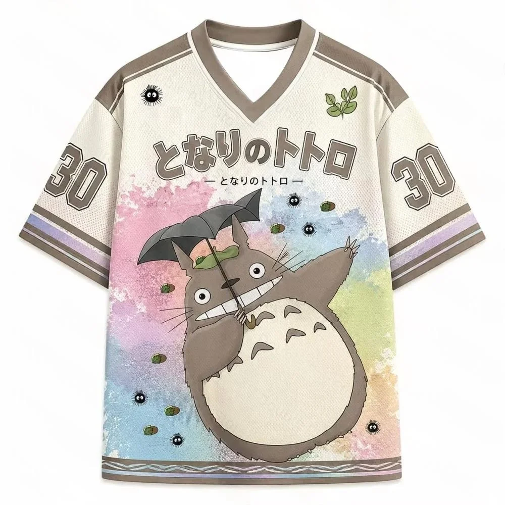 Retro-Healing-Totoro 3D-gedrucktes Balltrikot mit kontrastierenden Streifen am Saum und V-Ausschnitt, Nischen-Mesh-Kurzarmshirt – Detail 5