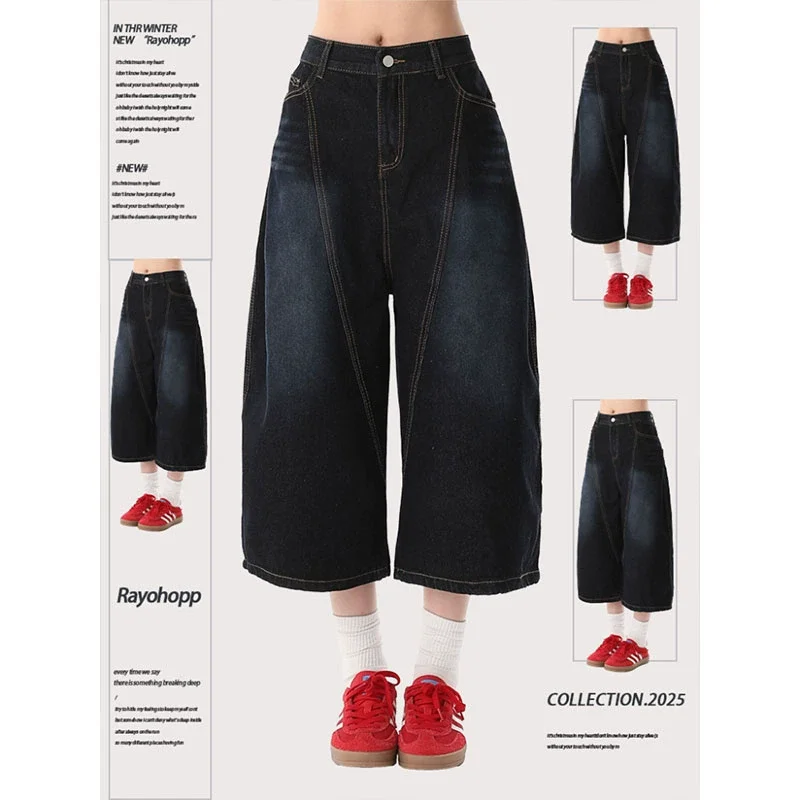 

Street Y2K Vintage Navy Cat Whiskered Style Wide Leg Bermuda Jeans Knee Length Denim Jorts Casual Shorts Cropped Trousers