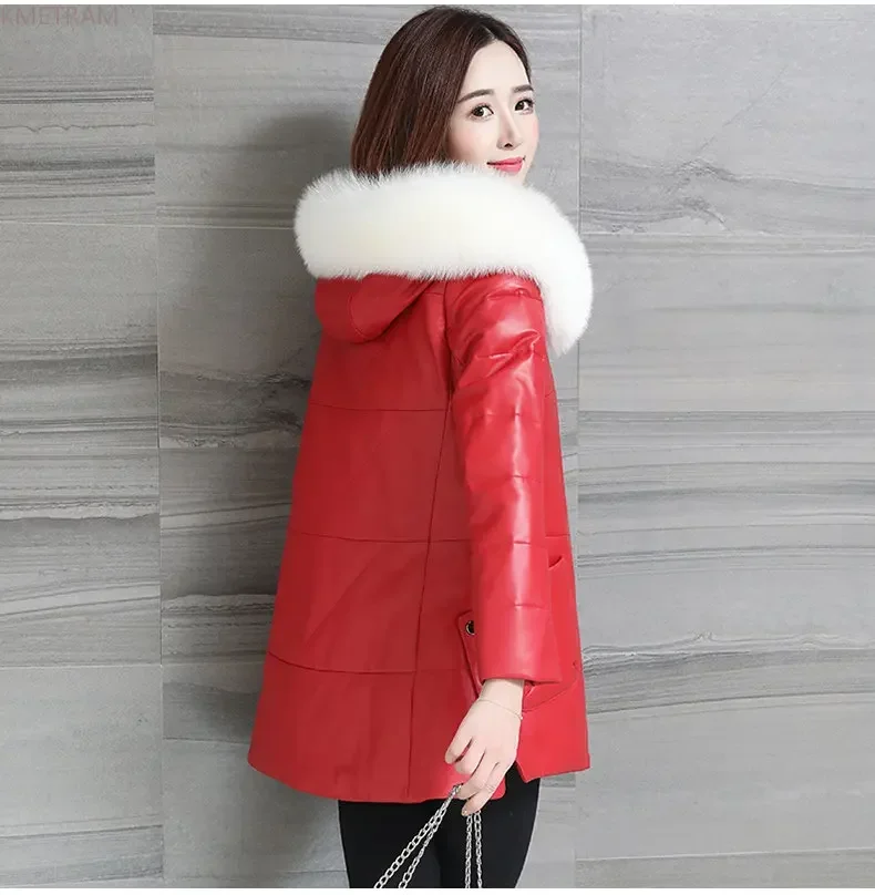 Real Leather Jacket for Women Winter Hooded Down Coats Fox Fur Collar Genuine Sheepskin Coat Slim Down Jackets Jaquetas Feminino