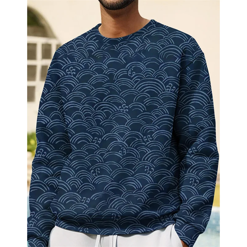 Japanese Ukiyo-E Graphic Sweatshirt For Men Fashion Trend Long Sleeve 3D Wave Printed Hoodies Loose Harajuku O Neck Pullovers
