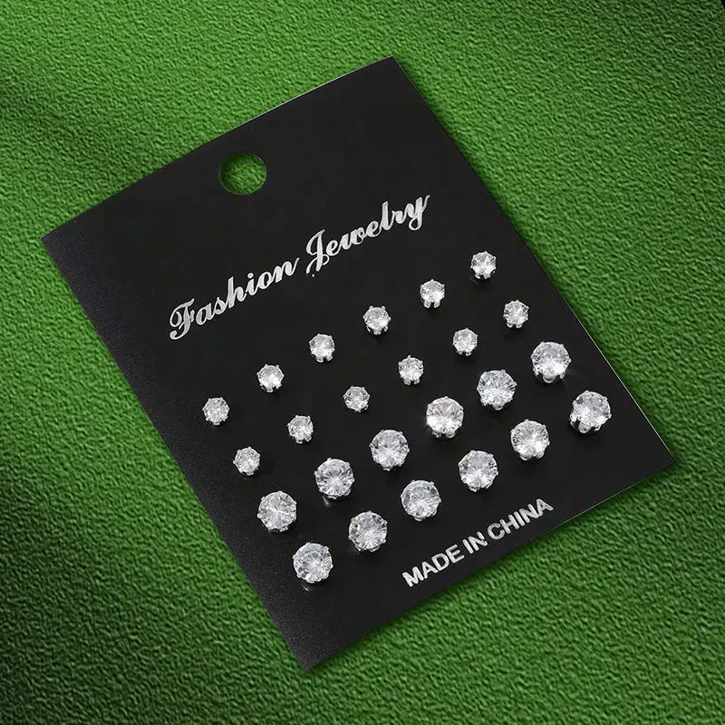 24 Pairs Shiny Zircon Stud Earrings Set for Women Men Daily Versatile Chic Silver Color Crystal Ear Jewelry Accessories