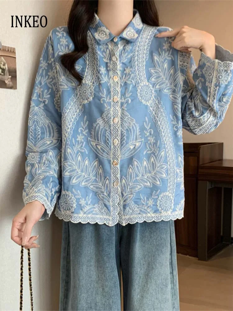 

Stylish Women's Floral embroidery blouse Spring Summer Streetwear Long sleeve blouse Loose Basic tops 2025 INKEO 5T042