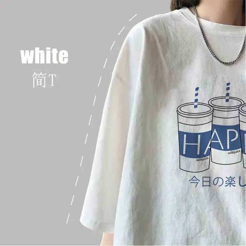 Harajuku Oversized Women Tops Tshirt Round Collar Cartoon Female Half Loose Sleeve Print Casual Simple Wild Top