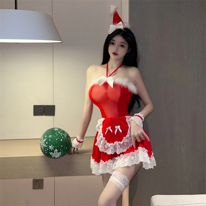 Damska Santa Claus boże narodzenie w stylu Cosplay kostium imprezowy seksowna jednolita koronkowa bielizna pokojówka sukienka Lolita zestaw prezent świąteczny