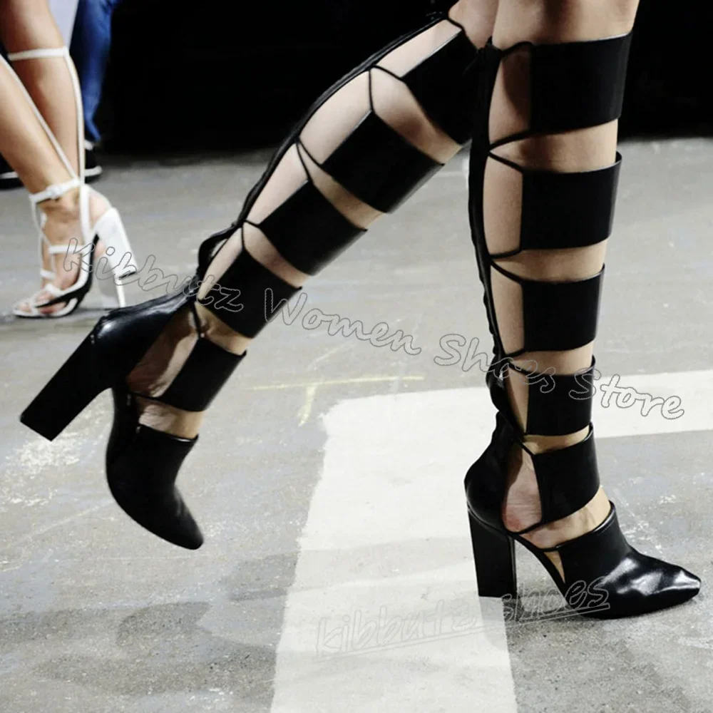 

Rome Sandal Boots Knee High Pointed Toe Chunky Heels Solid Color Leather Fashion Luxury Novelty Sexy Women Summer Shoes Newest