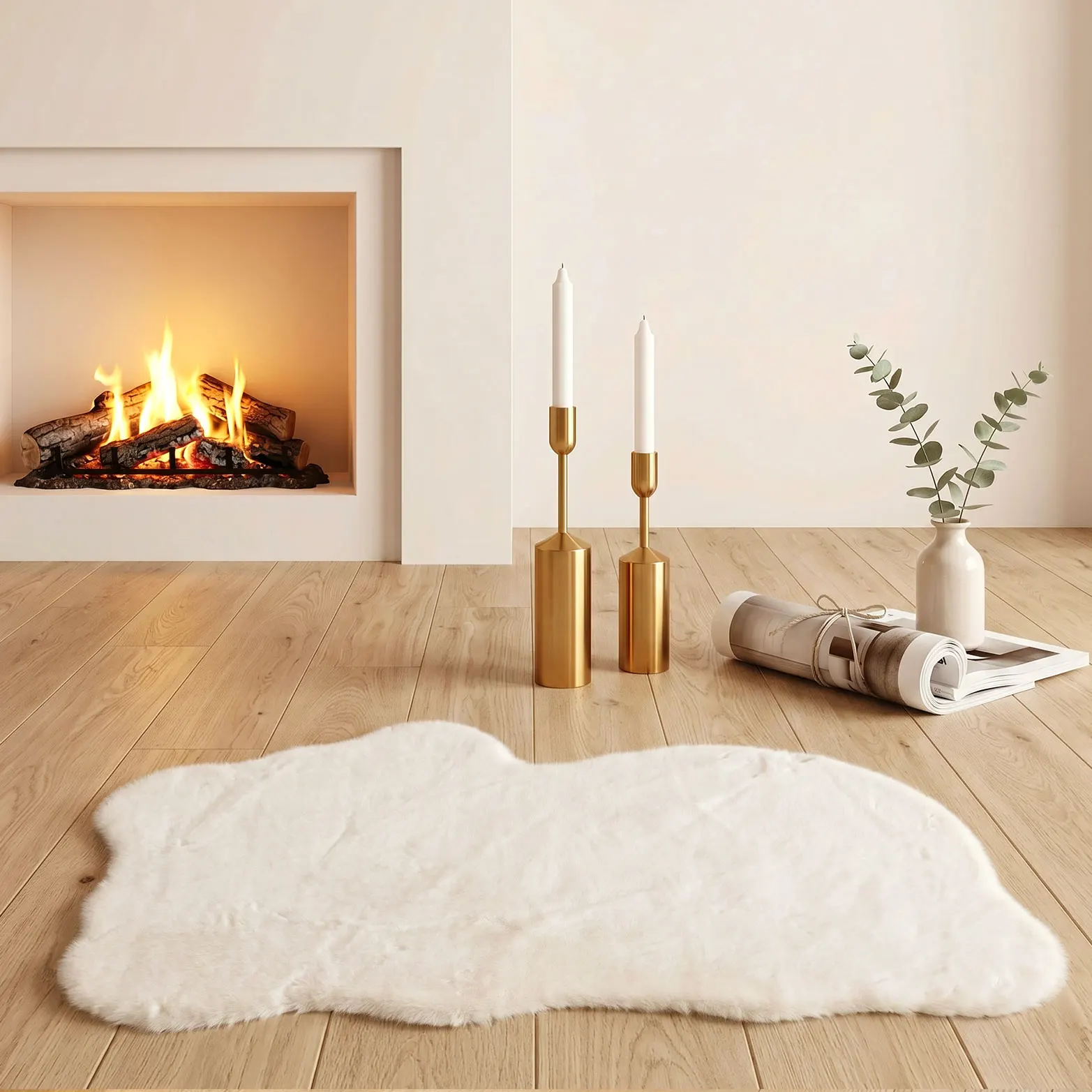 An Irregular Cloud-Shaped Faux Rabbit Fur Rug, Wabi-Sabi Cream Style, Soft Non-Slip Plush Floor Mat for Living Room Coffee Table