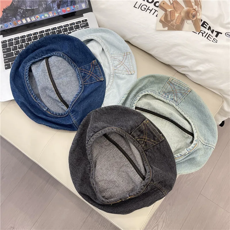 Women Washed Washed Demin Blue Beret Cap with Pocket Korean Japanese Style Retro Jean Ivy Irish Flat Painter Hats