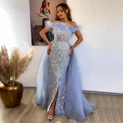 Lavender Mermaid Prom Dresses With Feathers Off The Shoulder Side Slit Women Evening Party Dress Dubai Celebrity Birthday Gowns