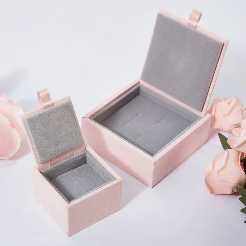 Pink Square Filp Jewelry Box Ring Earrings Necklace Storage Organizer Display Wooden Flocked High-end Jewelry Packaging Box