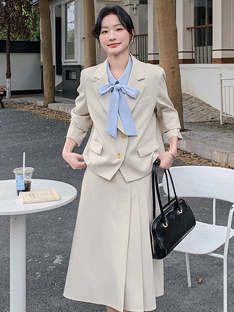 

Women's Elegant Fashion Formal 2 Piece Outfit Professional Loose Tops Coat Blazer Pleated Skirt Suit Sets Casual Business Spring