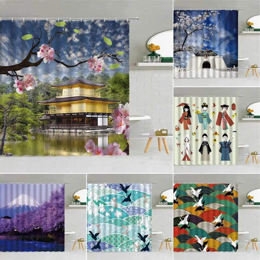 

Japanese Folklore Style Shower Curtain Classical Woman Architecture Cherry Blossom Mount Fuji Bathroom Decor Hooks Curtains Set