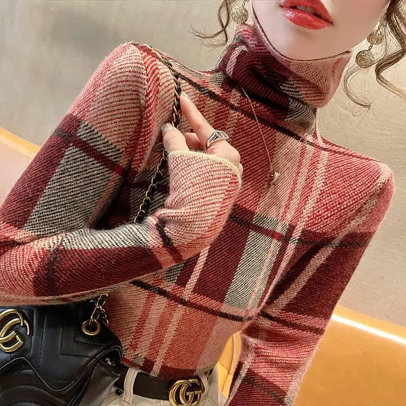 Women\'s Autumn and Winter Fashion Elegant High Neck Pullover Plaid Panel Casual Versatile Long Sleeve Slim Fit Sweater Knit Tops