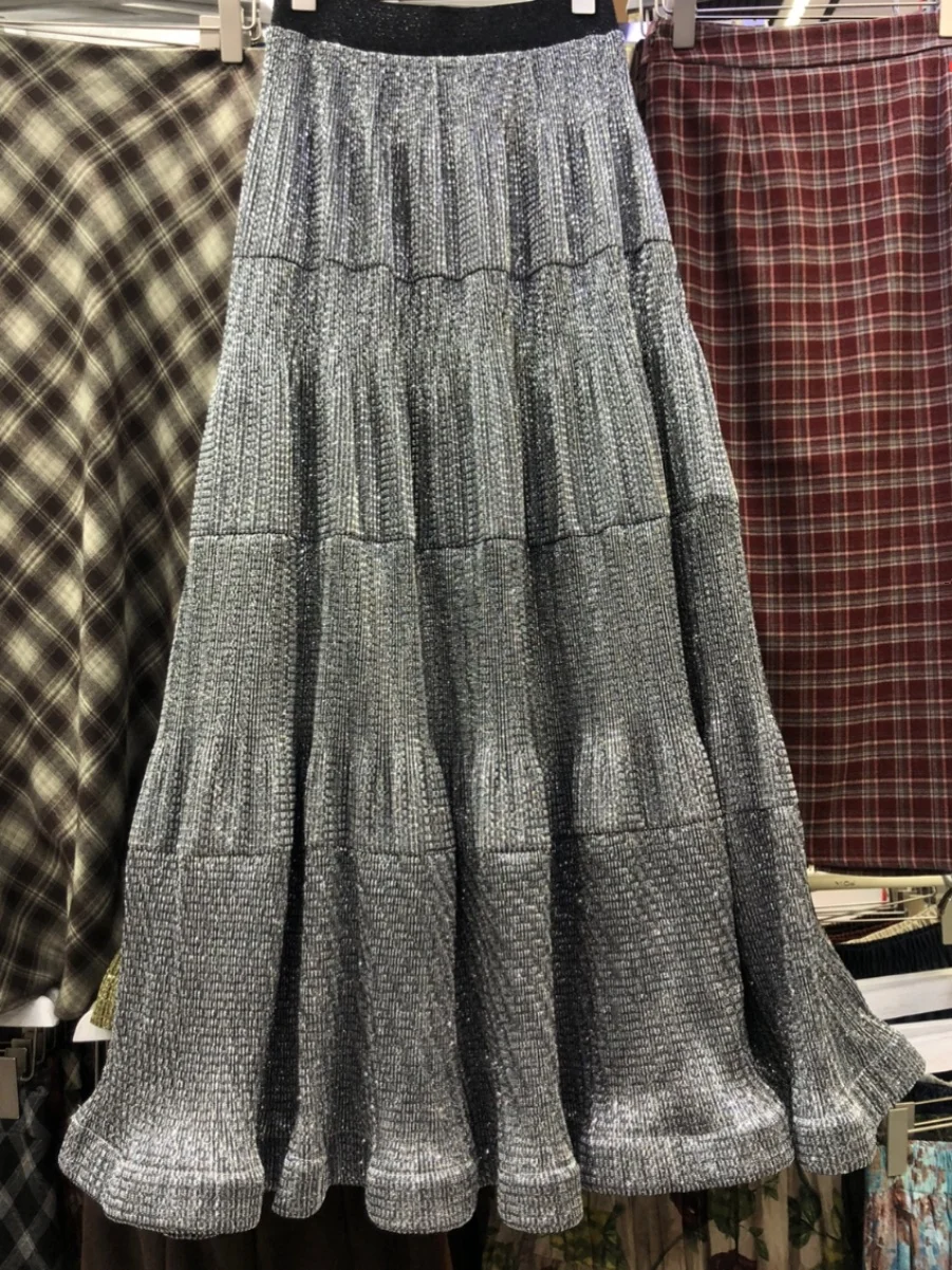 

Ele iny Bicolor High Waist Elastic Waist Weaving f Body Skirt Long A-Line Dr Slimming Hip Covering Umbrella Skirt