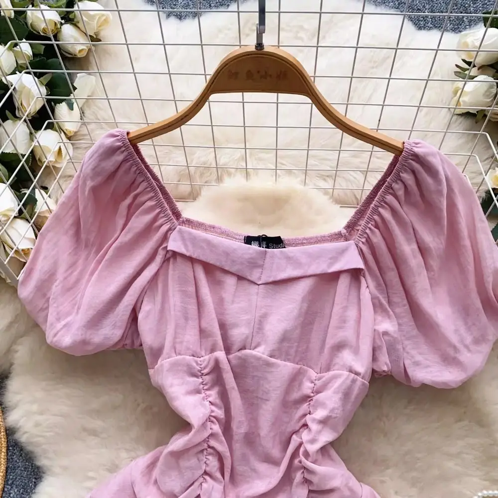 Cute Pleated Tie Strap Dopamine Puff Sleeve Blouse Casual Y2K Women Ruffle Top Lightweight Tops Daily