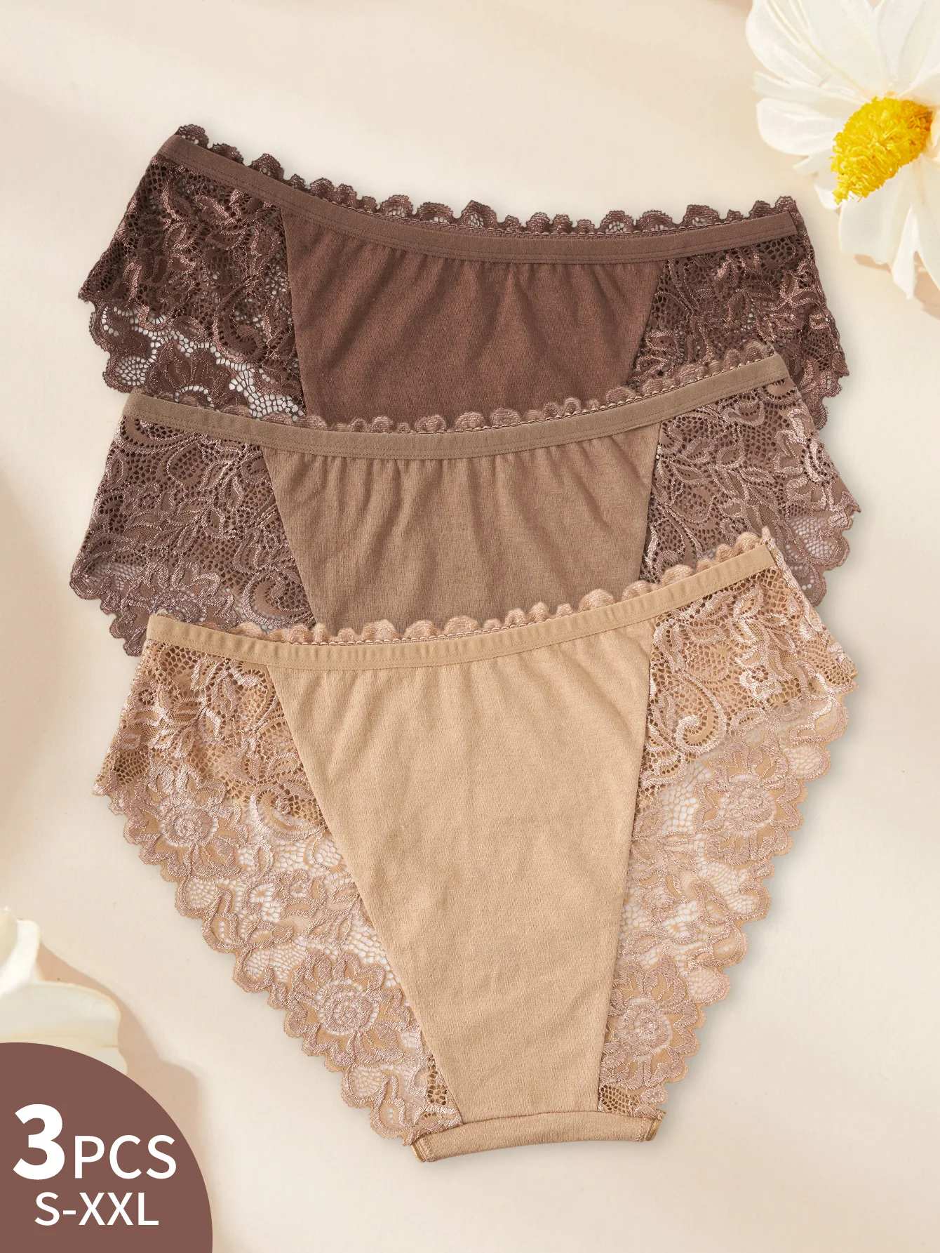 3 قطعة سراويل نسائية قطنية جديدة أنيقة من الدانتيل بتصميم زهور سراويل داخلية مريحة من القماش بلون سادة ملابس داخلية أنيقة وجيدة التهوية