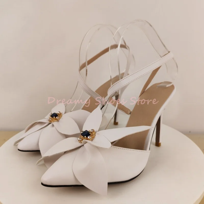 

White Flower Decor Crystal Pointed Thin High Heels Women Shiny Rhinestone Back Strap Pumps Elegant Party Slingback Sandals New