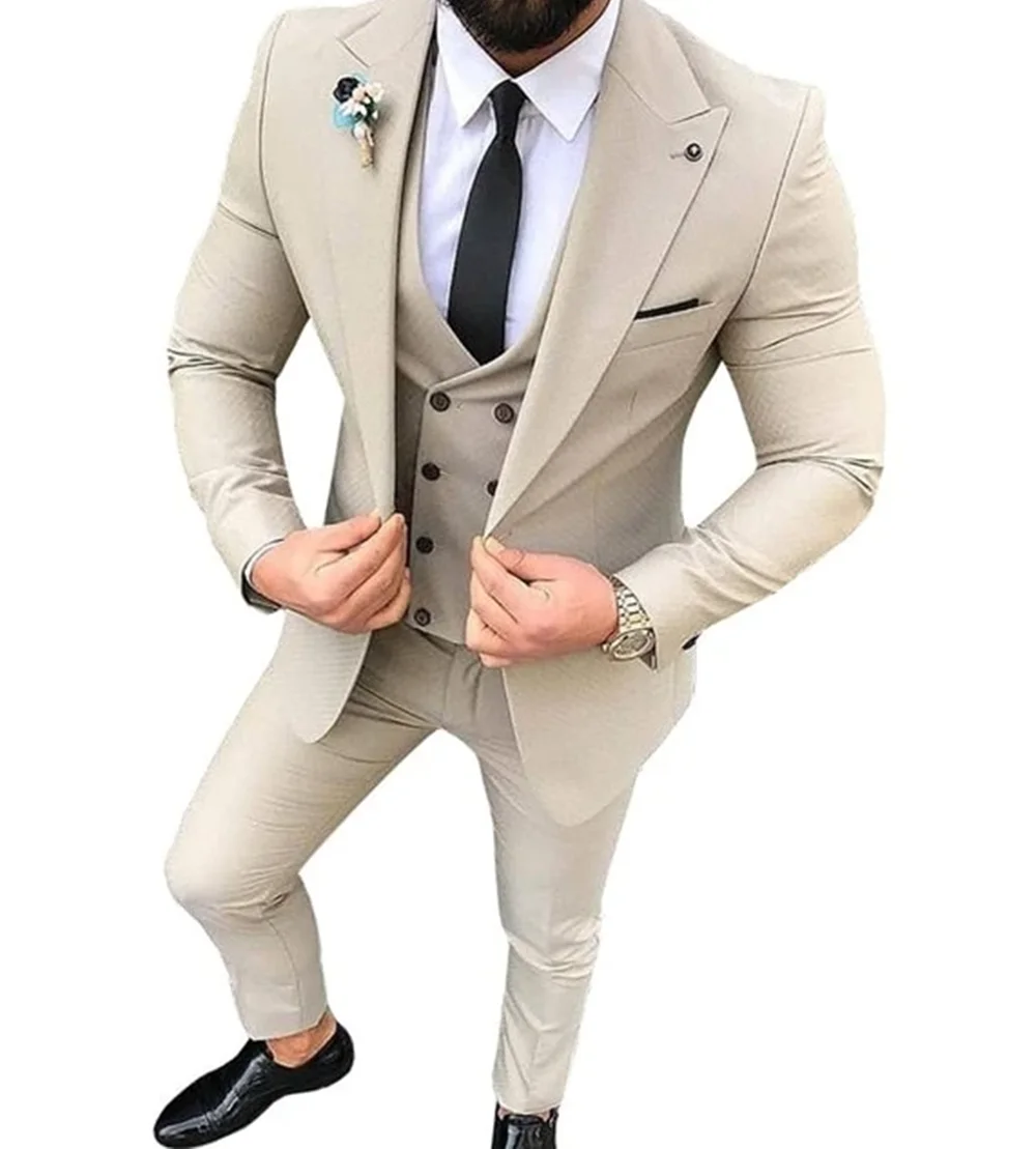 

Beige Notch lapel Men Suit Wedding Business Suits For Men Groom Groomsmen Tuxedos Costume Homme Mariage 3PCS(Blazer+Pants+Vest)