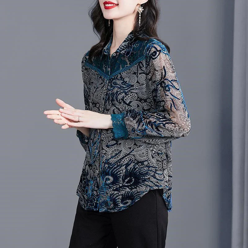 Autumn Vintage Printed Elegant Chic Sexy Lace Patchwork Office Lady Button Up Shirt High Quality Fashion Blouse Top Women Blusas