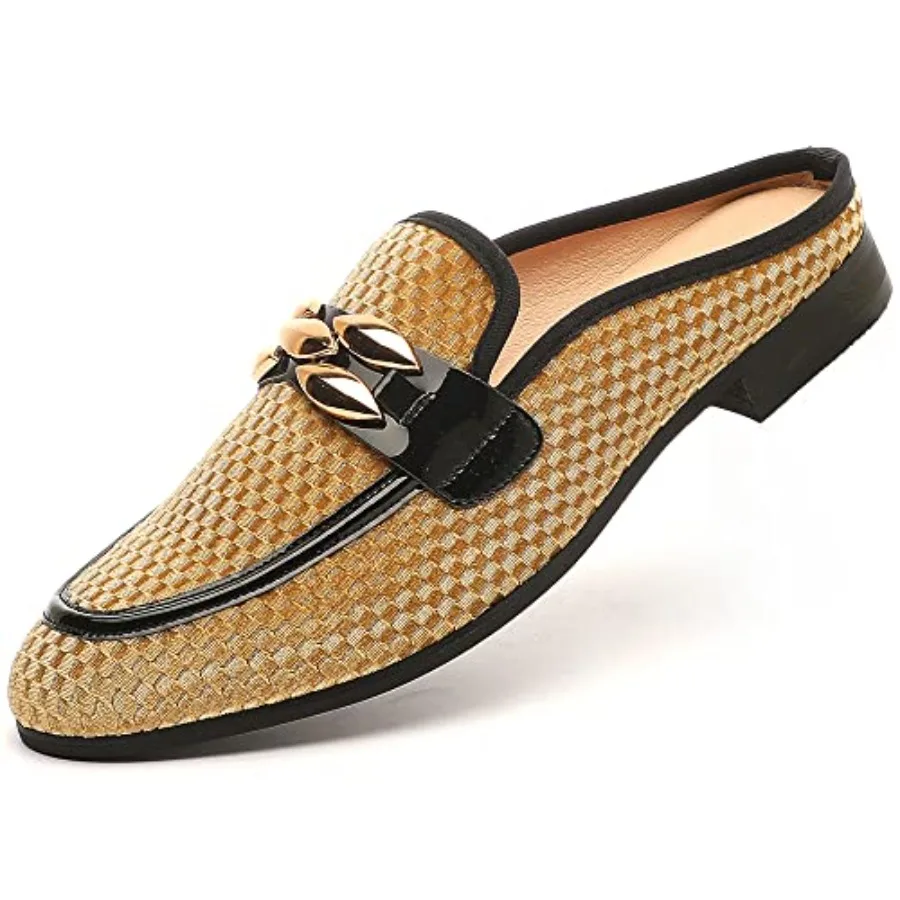 

Men's Slip-on Mule Sandals Loafer with Gold BuckleFashion Leather Formal Wear Casual Backless Dress Slippers