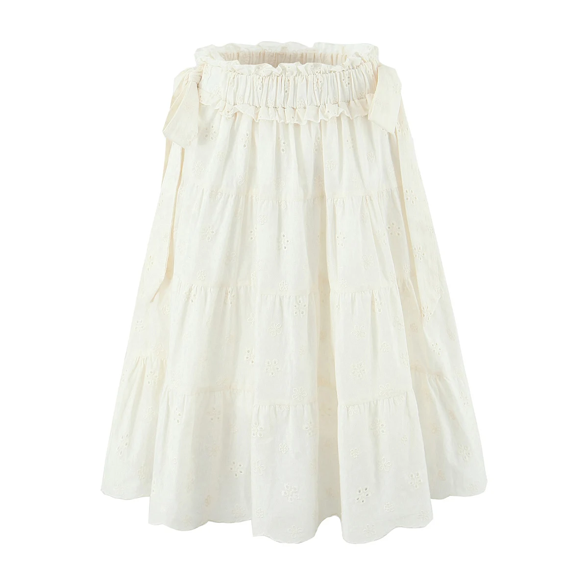 2025 Vacanza Ricamo bianco Scava fuori il foro Gonna al ginocchio in pizzo Donna Fiocco Elastico in vita Altalena Gonne torta foderate A Beige