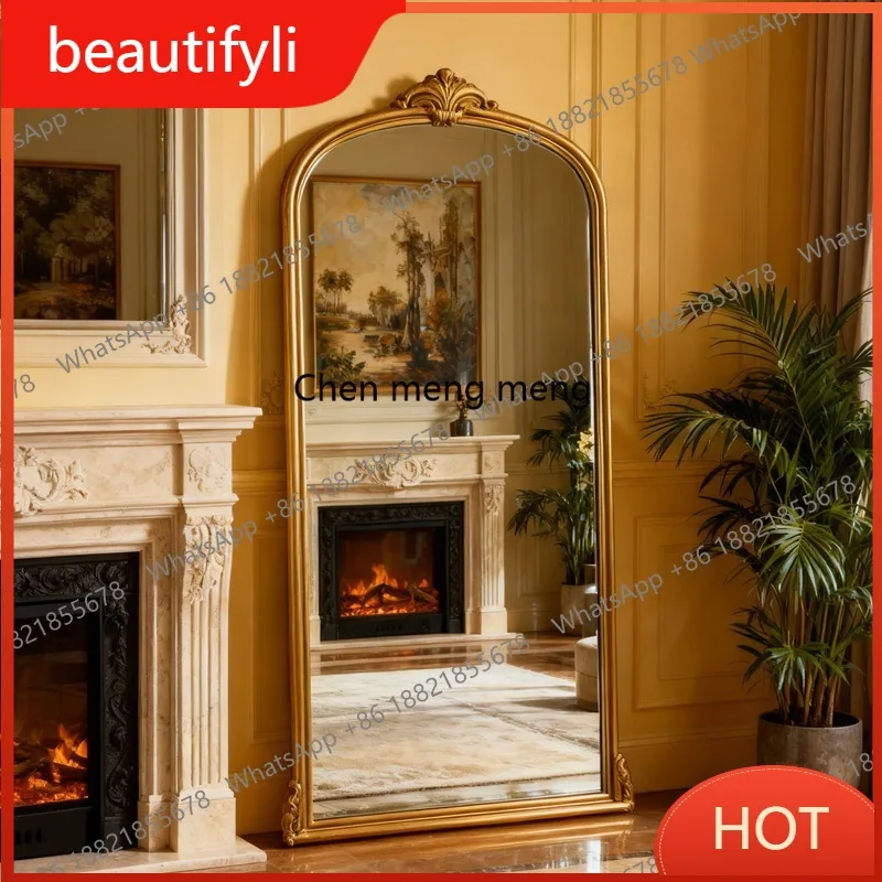 D80 French retro full-body mirror arched floor mirror wooden Nordic trench coat room wall-mounted full-length mirror