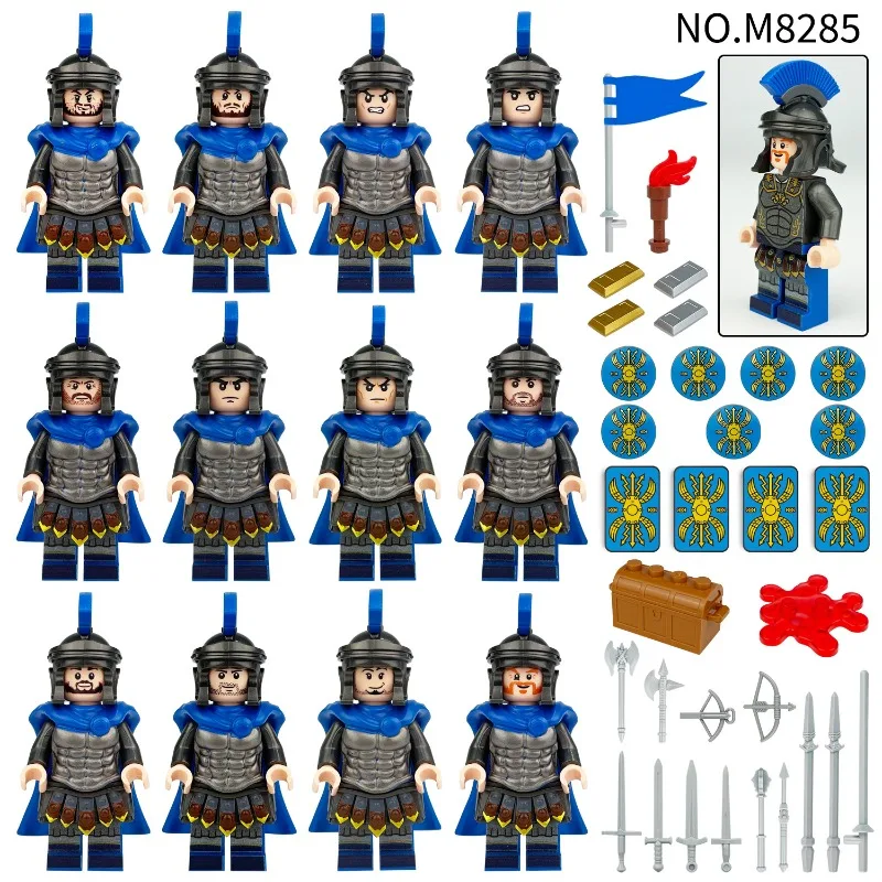Ancient medieval warrior mini building block character set with shield and spear flag weapon accessories.