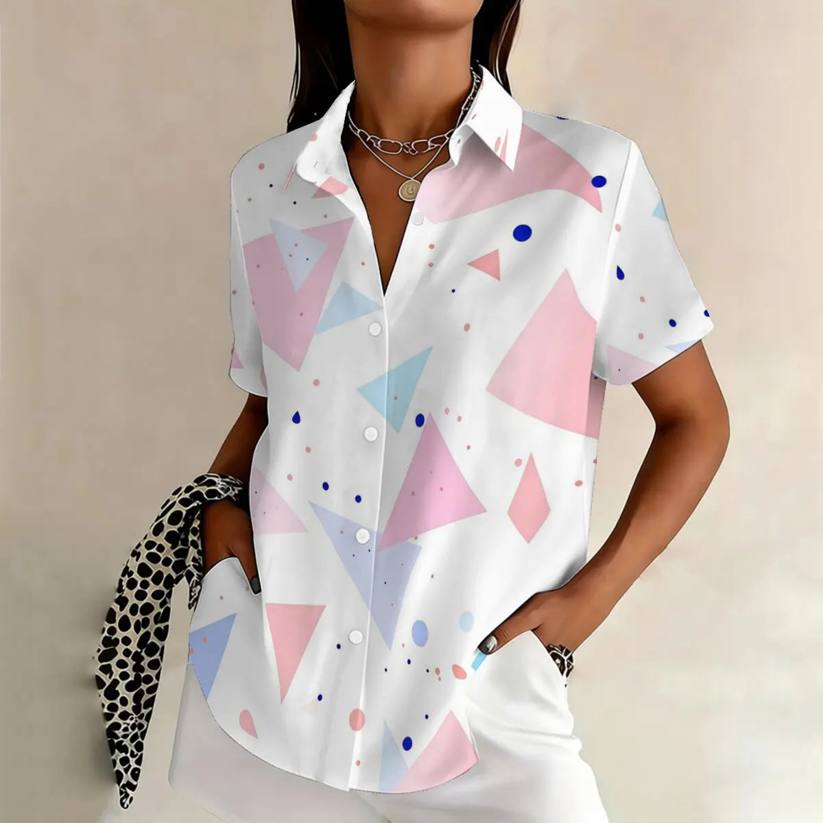 

Women's summer plus-size short-sleeve shirt, fresh geometric print, suitable for workplace commuting, social gatherings