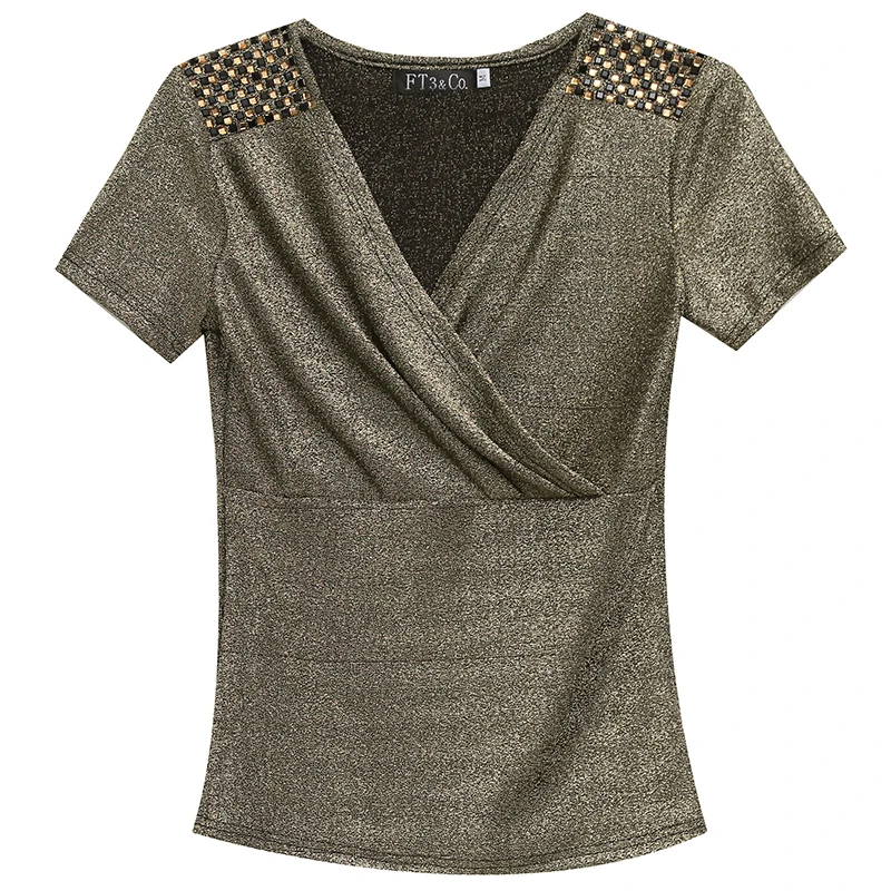 #5121 Black Red Gold Wrap T Shirt Women V Neck Sexy Basic T Shirt Femme Summer Top Short Sleeve T Shirts Korean Fashion Slim