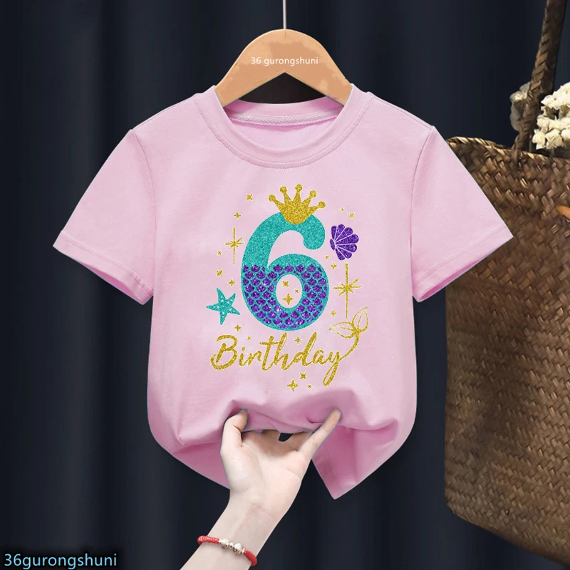 Camiseta con estampado gráfico de princesa sirena para niñas, ropa Kawaii para niños, Tops de verano, regalo de cumpleaños 3th/4th/5th/6th